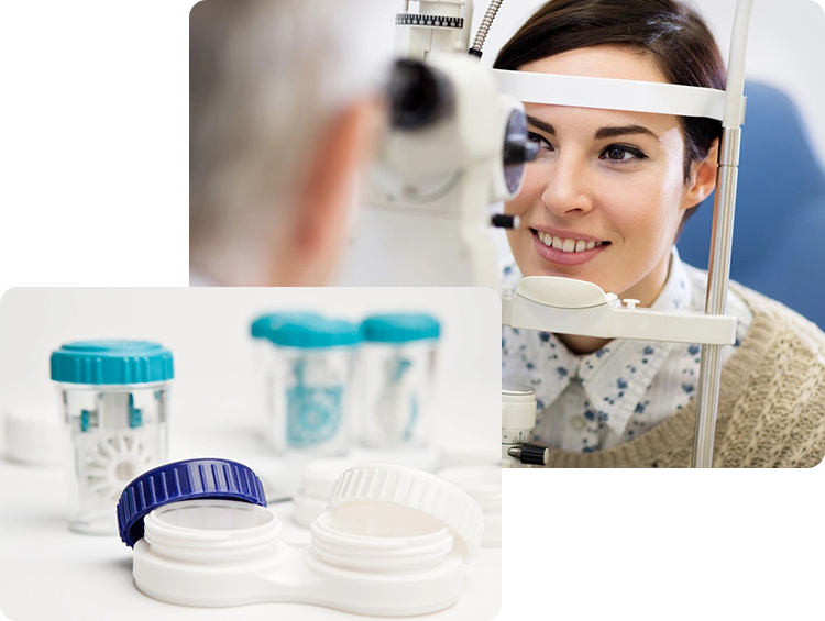 Collage of woman look in ophthalmoscope and lens